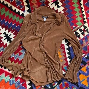 URBAN OUTFITTERS pleated bronze button up blouse flutter sleeve - metallic gold